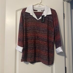 Kim Rogers Burgundy and Plum Blouse with White Accents